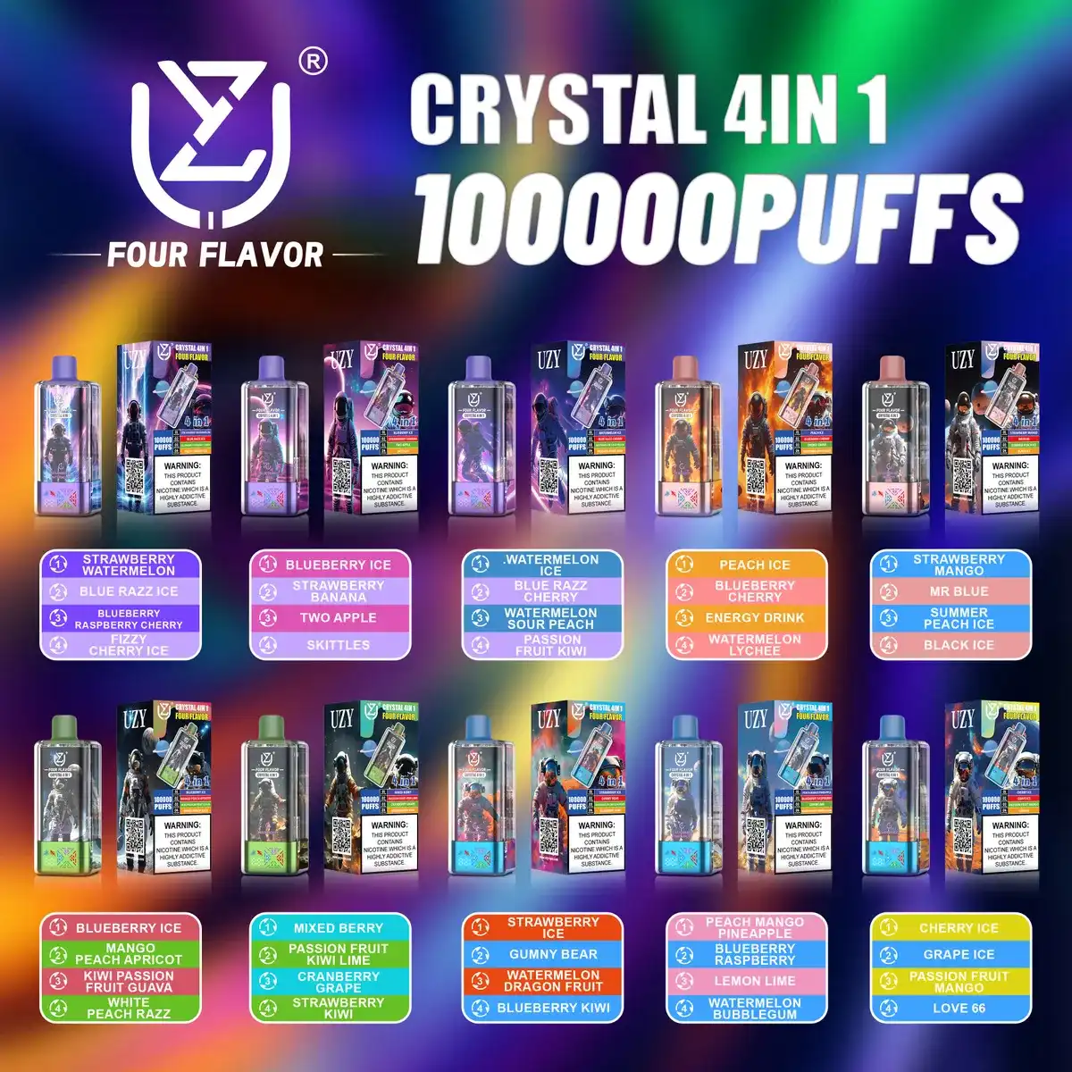 UZY Crystal 100k (100000) Puff (4in 1) Four Flavors 56ml E-Liquid 650mAh Battery Rechargeable 0% 2% 3% 5% Nicotine Disposable Vape