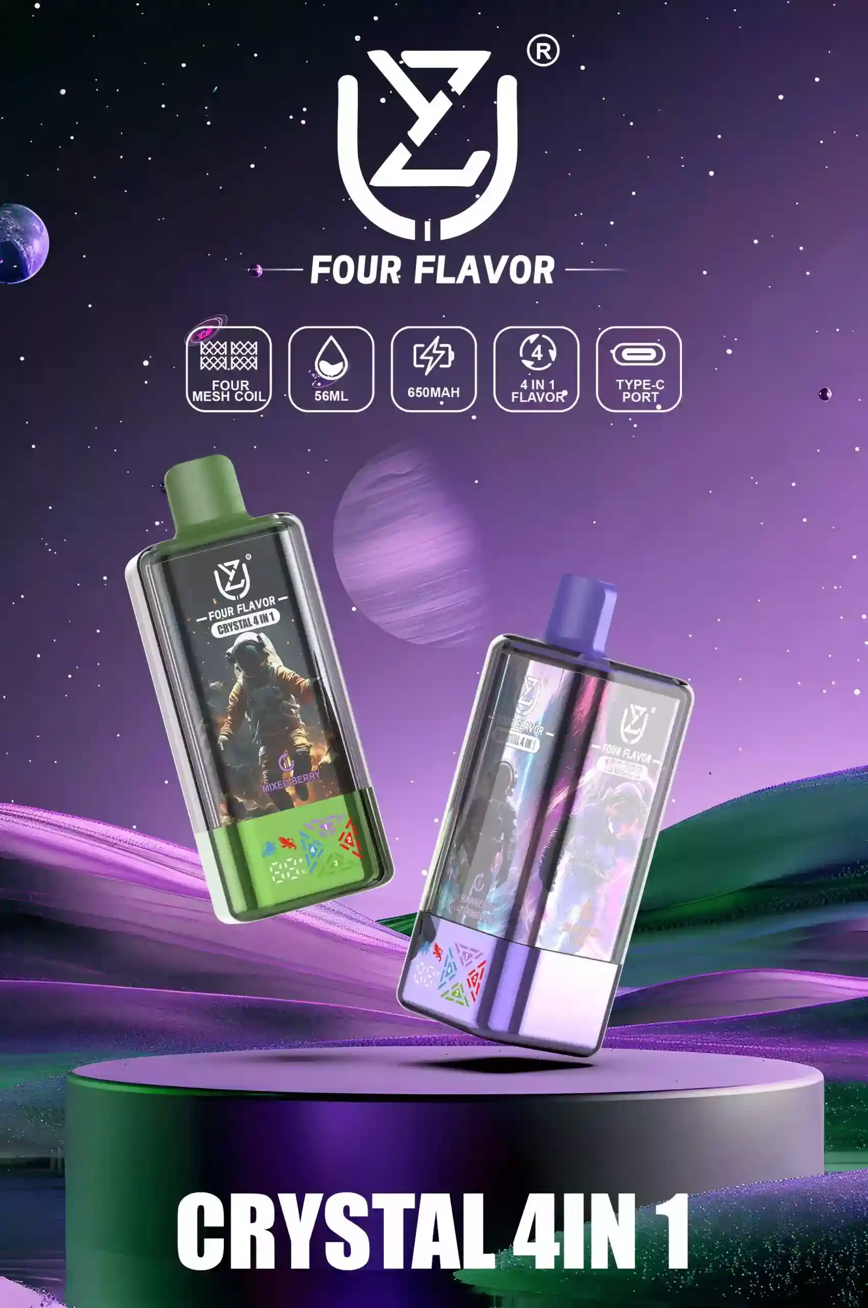 UZY Crystal 100k (100000) Puff (4in 1) Four Flavors 56ml E-Liquid 650mAh Battery Rechargeable 0% 2% 3% 5% Nicotine Disposable Vape