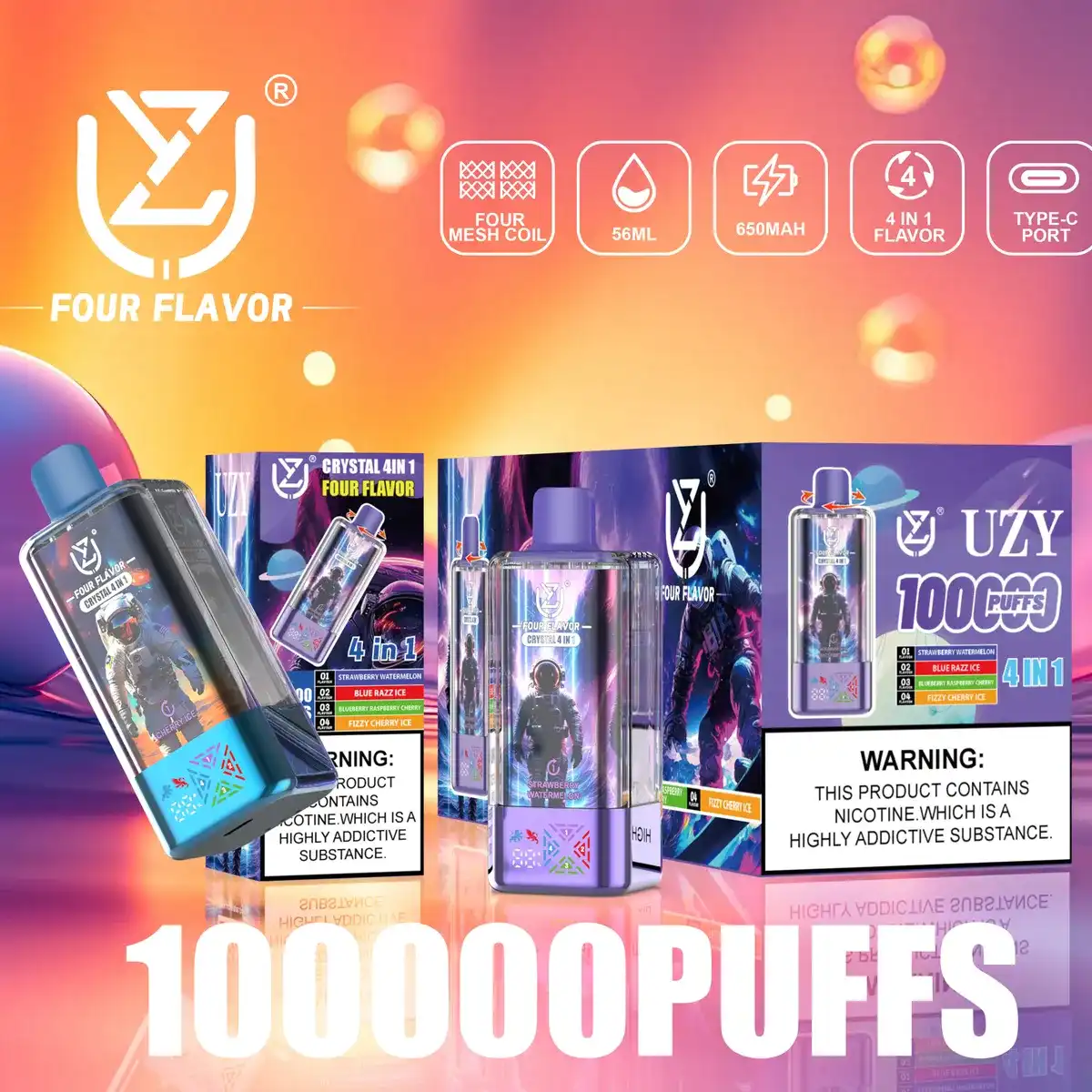 UZY Crystal 100k (100000) Puff (4in 1) Four Flavors 56ml E-Liquid 650mAh Battery Rechargeable 0% 2% 3% 5% Nicotine Disposable Vape