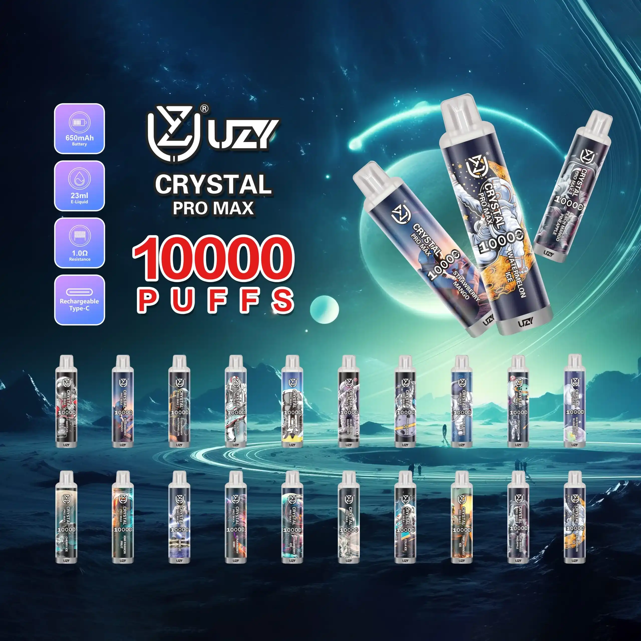UZY Crystal Pro Max 10K (10000) Puffs 16.0ML E-Liquid 650mAh Battery Rechargeable 2%-5% Nicotine Disposable Vape