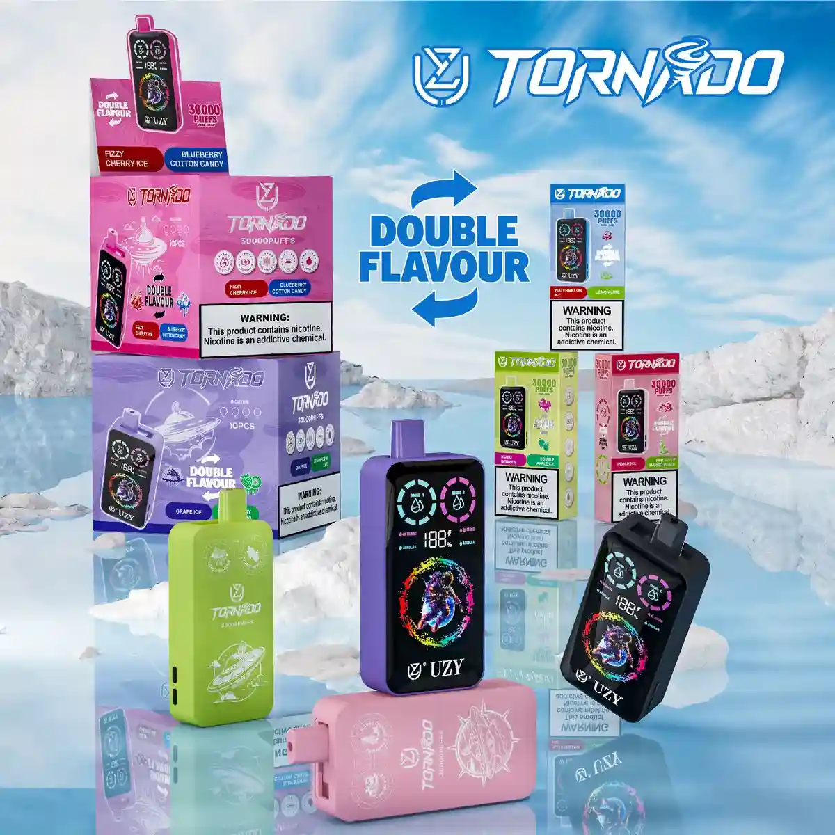 UZY Tornado 30K (30000) Puffs Dual Flavors Smart LCD Display 40mL E-liquid 2% 5% Nicotine 850mAh Battery Disposable Vape