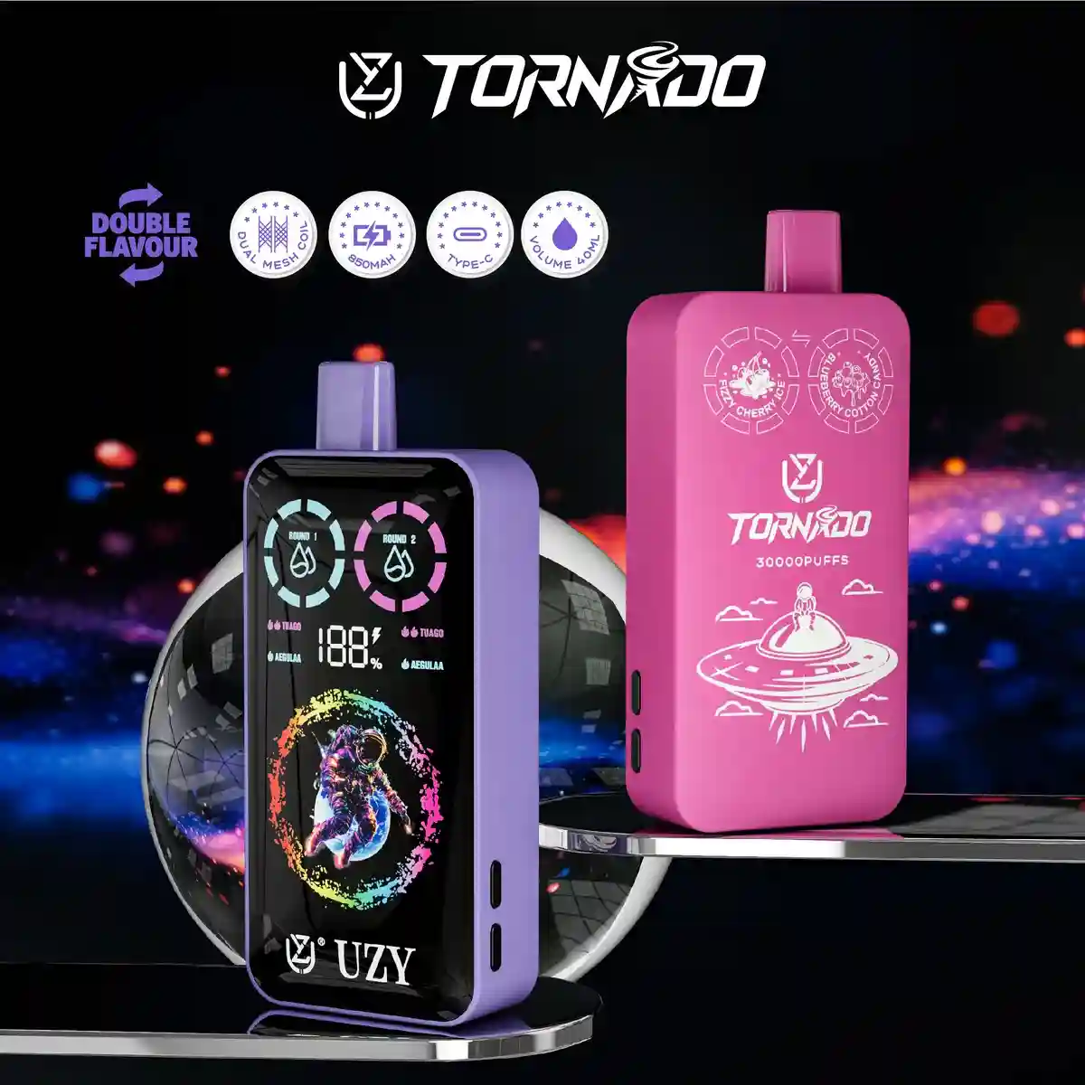 UZY Tornado 30K (30000) Puffs Dual Flavors Smart LCD Display 40mL E-liquid 2% 5% Nicotine 850mAh Battery Disposable Vape