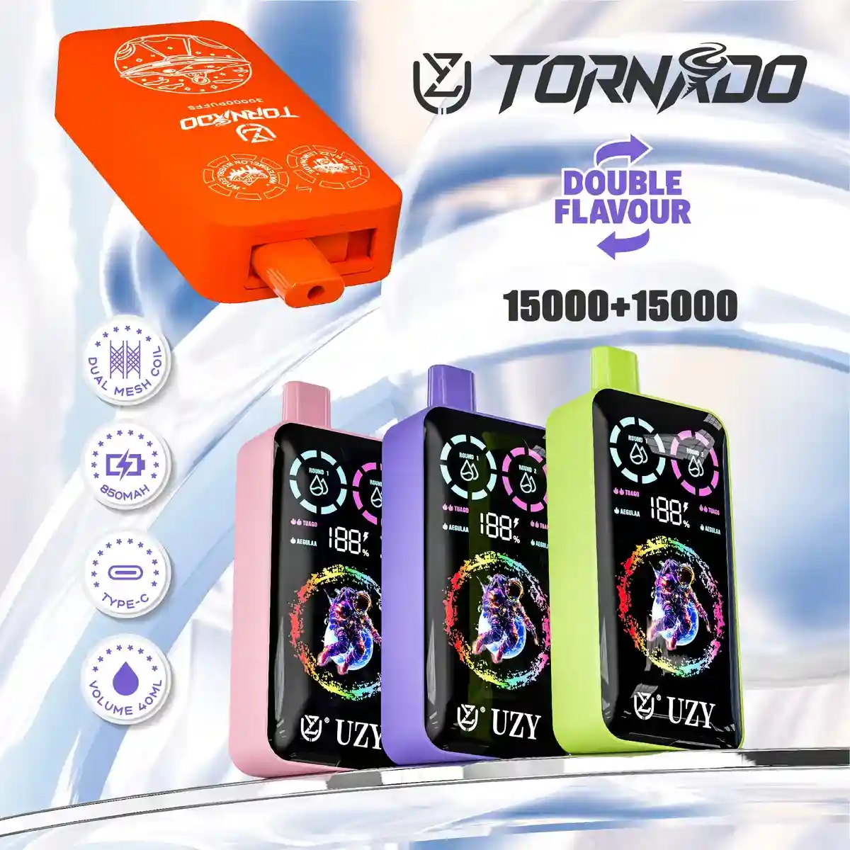 UZY Tornado 30K (30000) Puffs Dual Flavors Smart LCD Display 40mL E-liquid 2% 5% Nicotine 850mAh Battery Disposable Vape