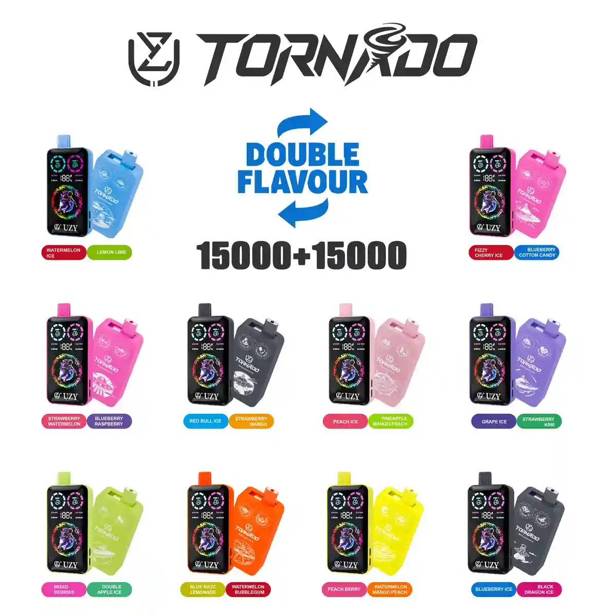 UZY Tornado 30K (30000) Puffs Dual Flavors Smart LCD Display 40mL E-liquid 2% 5% Nicotine 850mAh Battery Disposable Vape