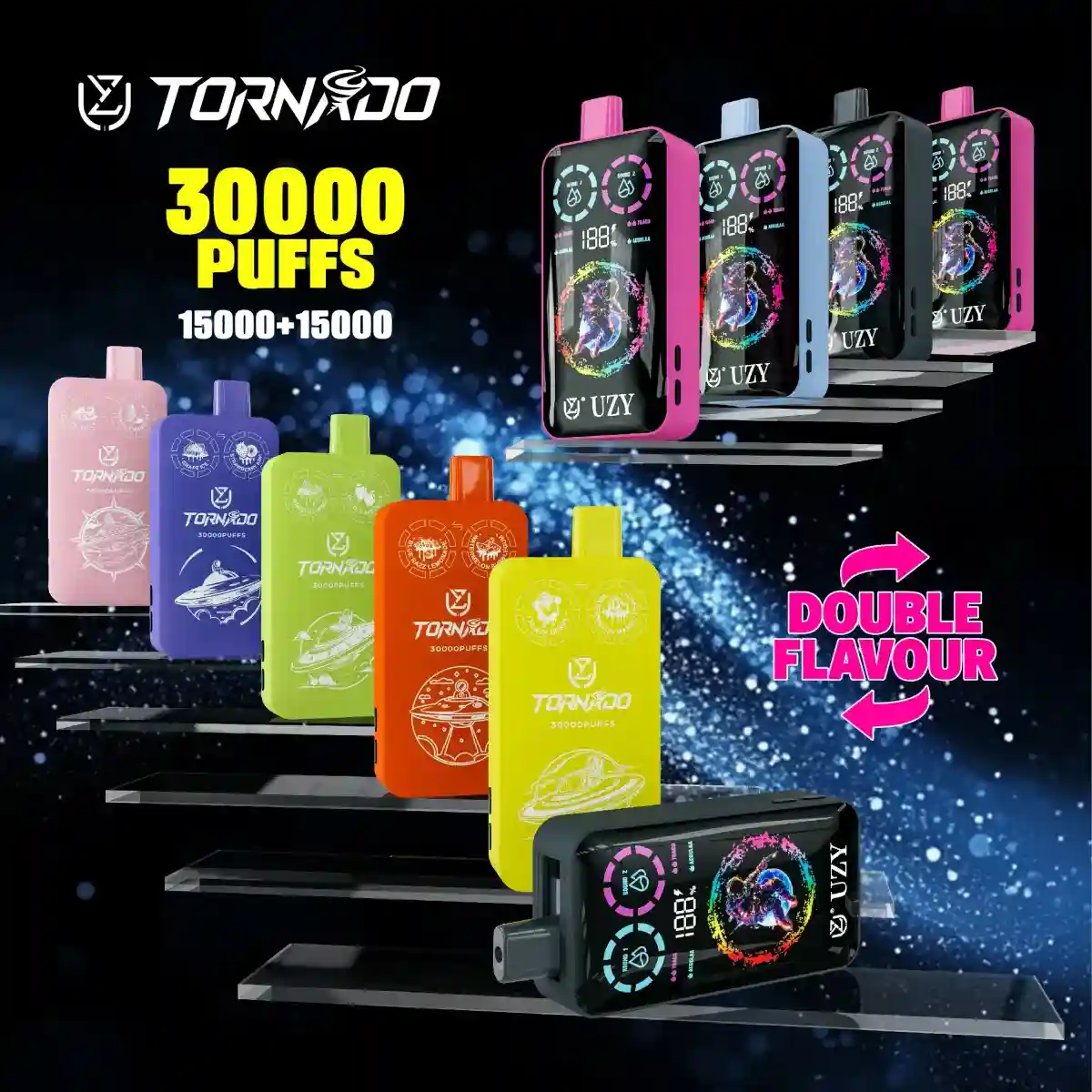 UZY Tornado 30K (30000) Puffs Dual Flavors Smart LCD Display 40mL E-liquid 2% 5% Nicotine 850mAh Battery Disposable Vape
