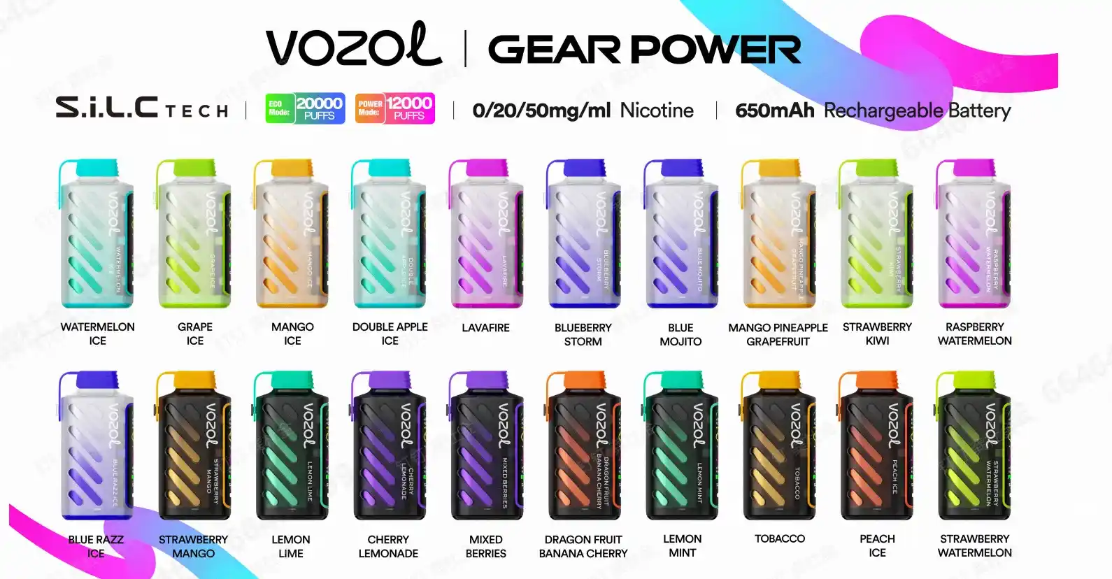 Vozol Gear Power 20K (20000) Puffs Full Screen Display 20mL E-liquid 2% 5% Nicotine USB Type-C Charging Disposable Vape