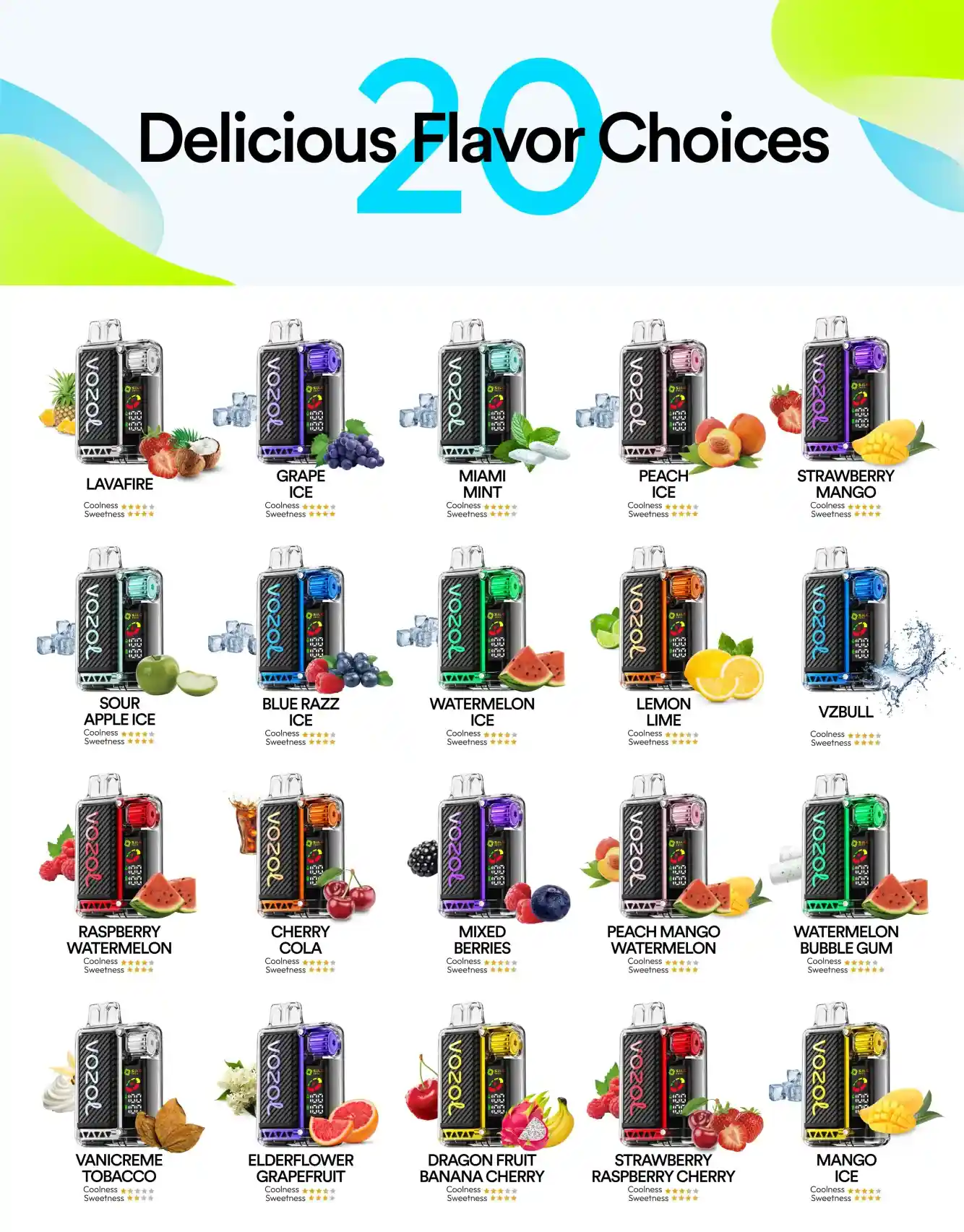 Vozol Vista 20K (20000) Puffs LCD Screen 24mL E-liquid 0% 2% 5% Nicotine USB Type-C Charging Disposable Vape