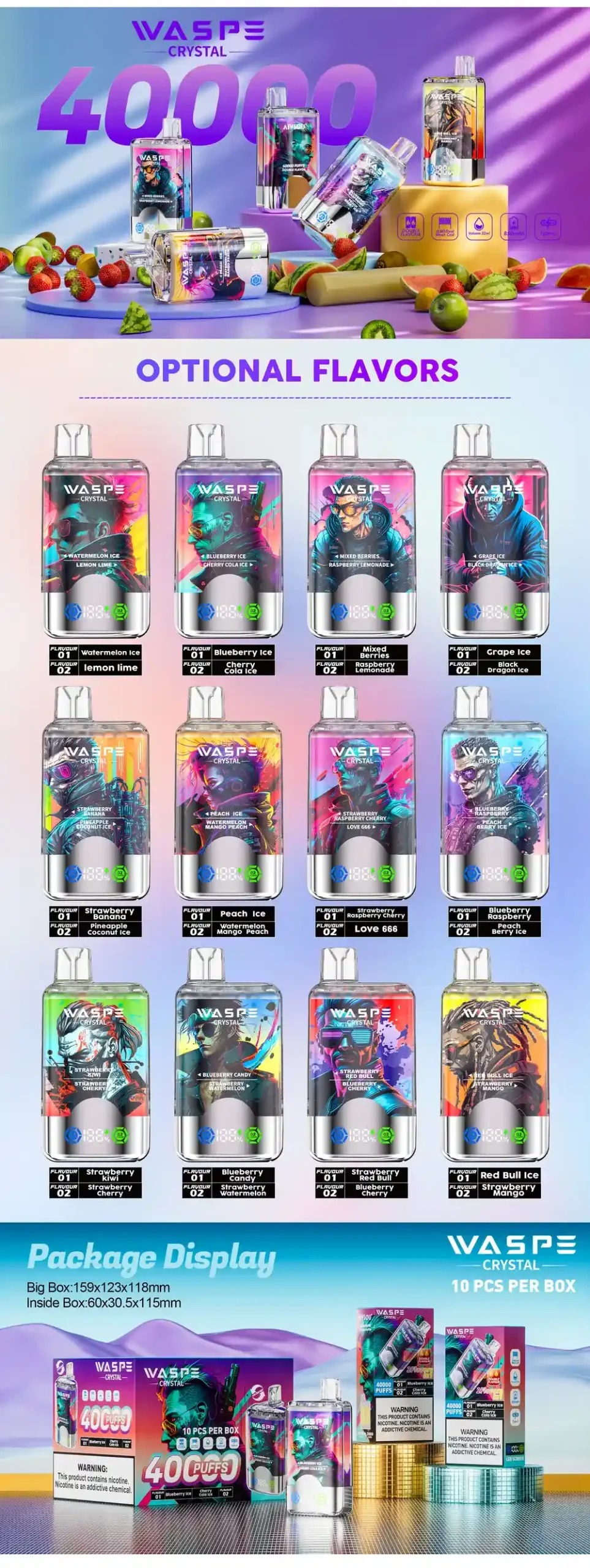 WASPE Crystal Double Flavors 40K (40000) Puffs 32mL E-liquid 0% 2% 5% Nicotine Smart LED Display Type-C Charging Disposable Vape