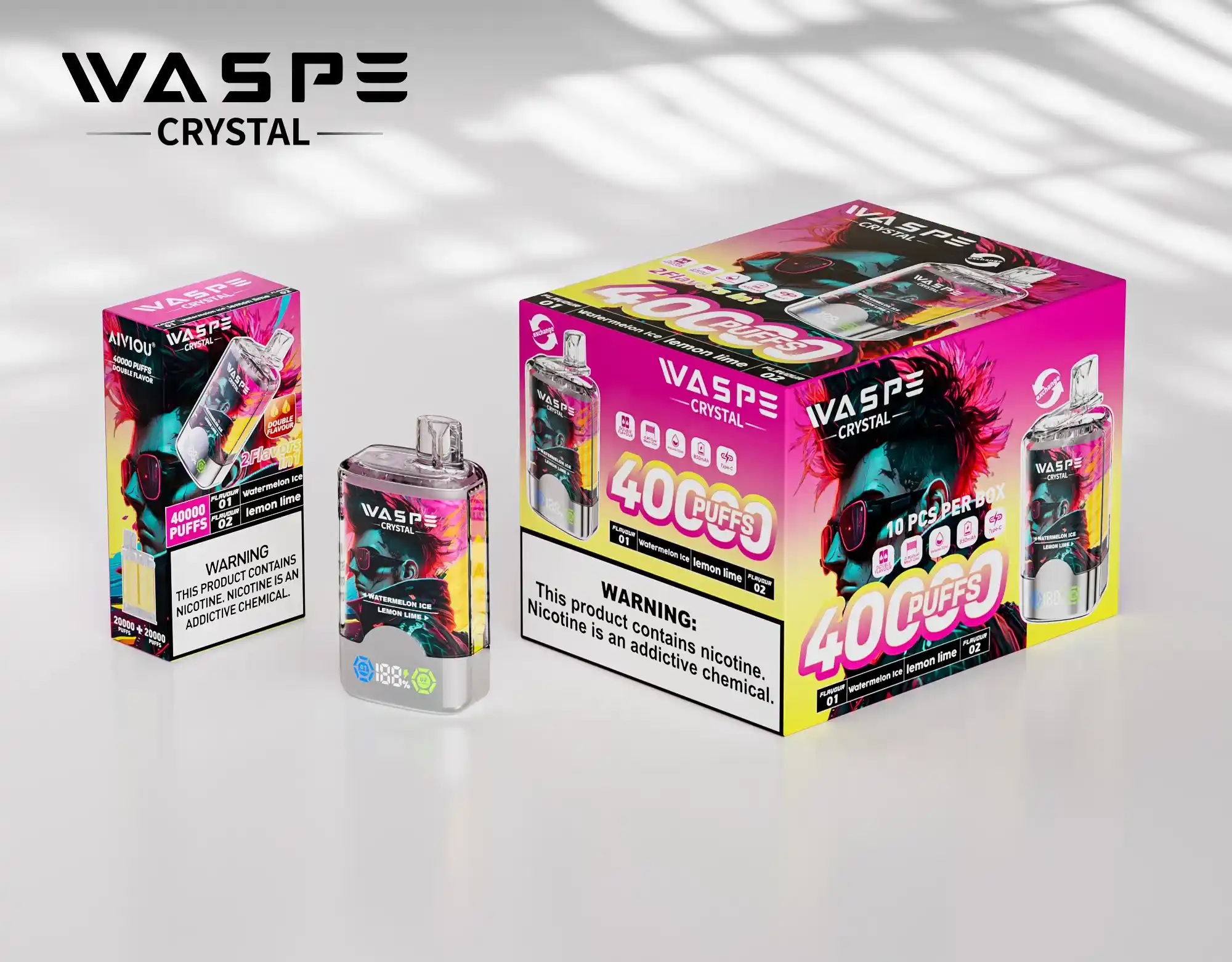 WASPE Crystal Double Flavors 40K (40000) Puffs 32mL E-liquid 0% 2% 5% Nicotine Smart LED Display Type-C Charging Disposable Vape