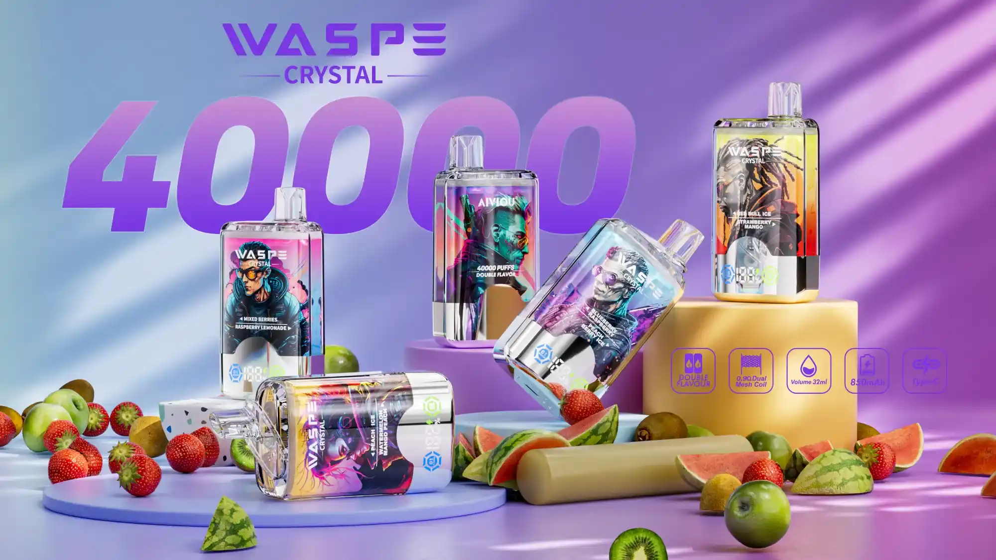 WASPE Crystal Double Flavors 40K (40000) Puffs 32mL E-liquid 0% 2% 5% Nicotine Smart LED Display Type-C Charging Disposable Vape