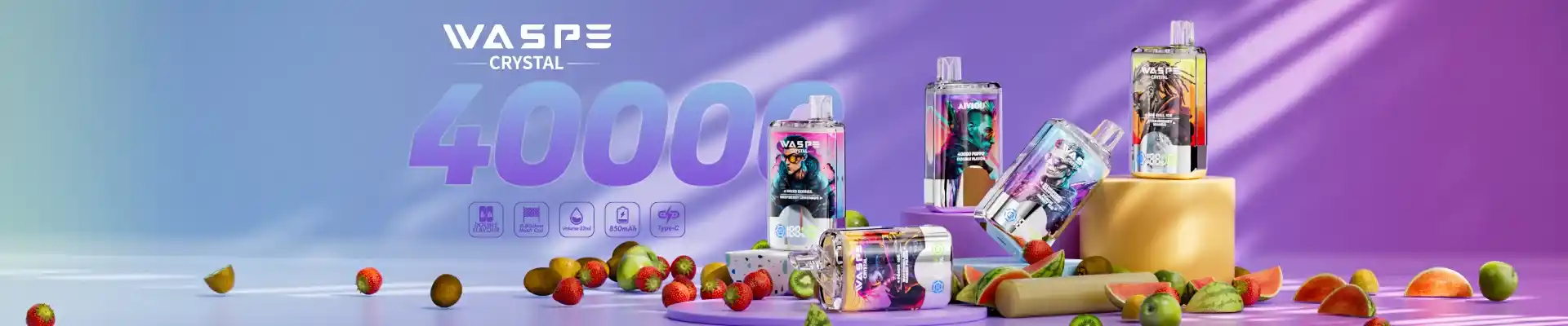 WASPE Crystal Double Flavors 40K (40000) Puffs 32mL E-liquid 0% 2% 5% Nicotine Smart LED Display Type-C Charging Disposable Vape