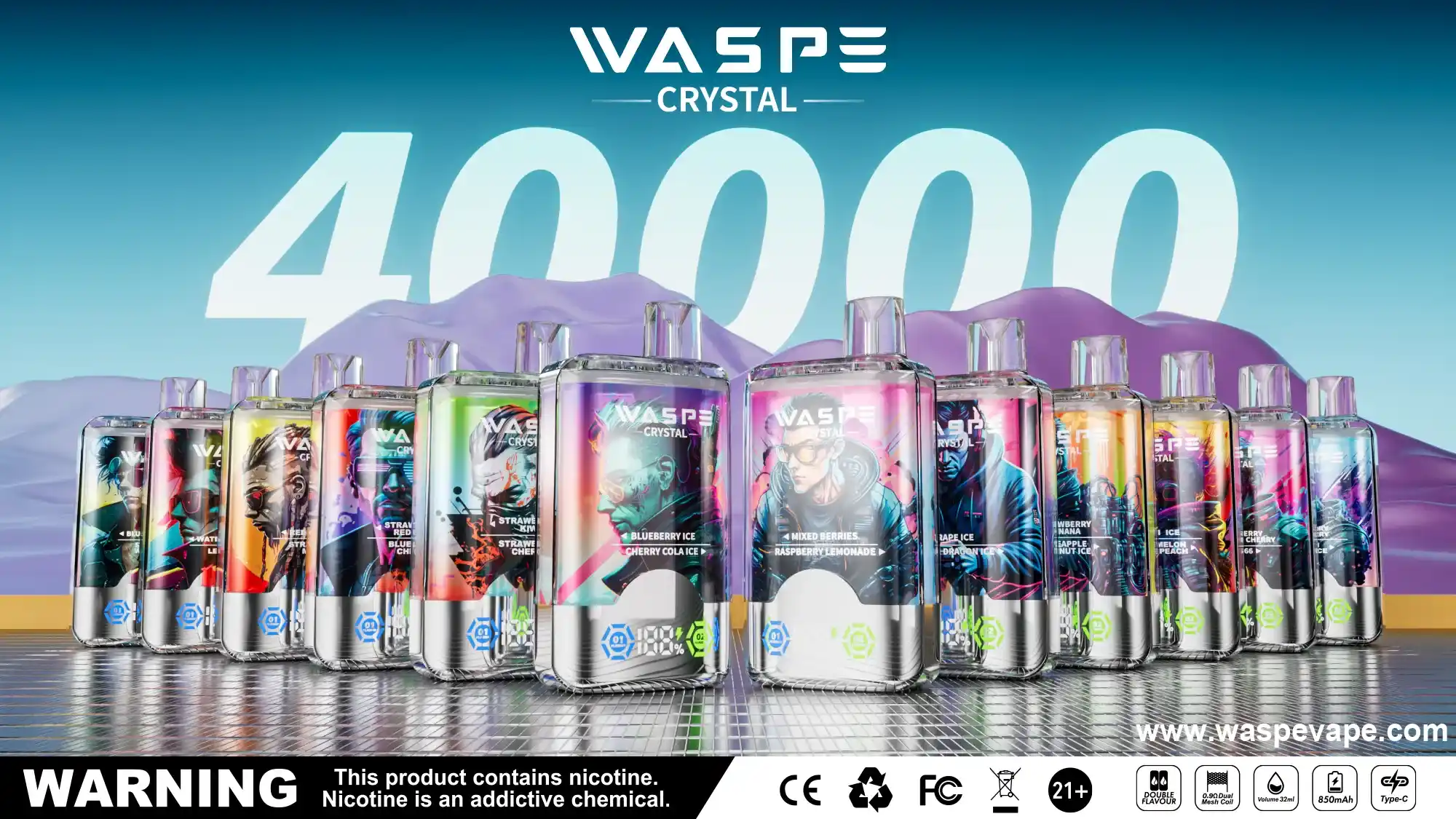 WASPE Crystal Double Flavors 40K (40000) Puffs 32mL E-liquid 0% 2% 5% Nicotine Smart LED Display Type-C Charging Disposable Vape