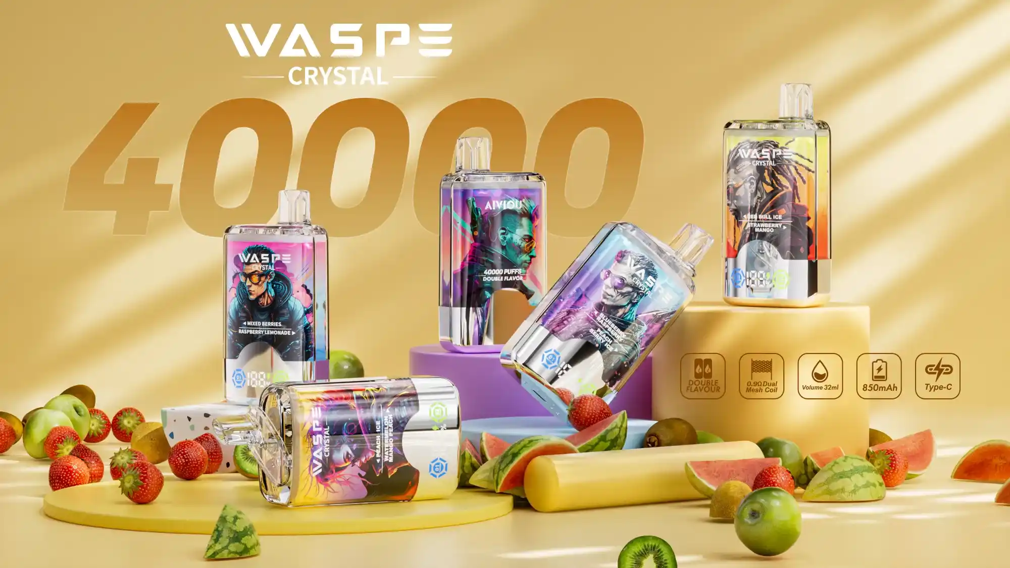 WASPE Crystal Double Flavors 40K (40000) Puffs 32mL E-liquid 0% 2% 5% Nicotine Smart LED Display Type-C Charging Disposable Vape