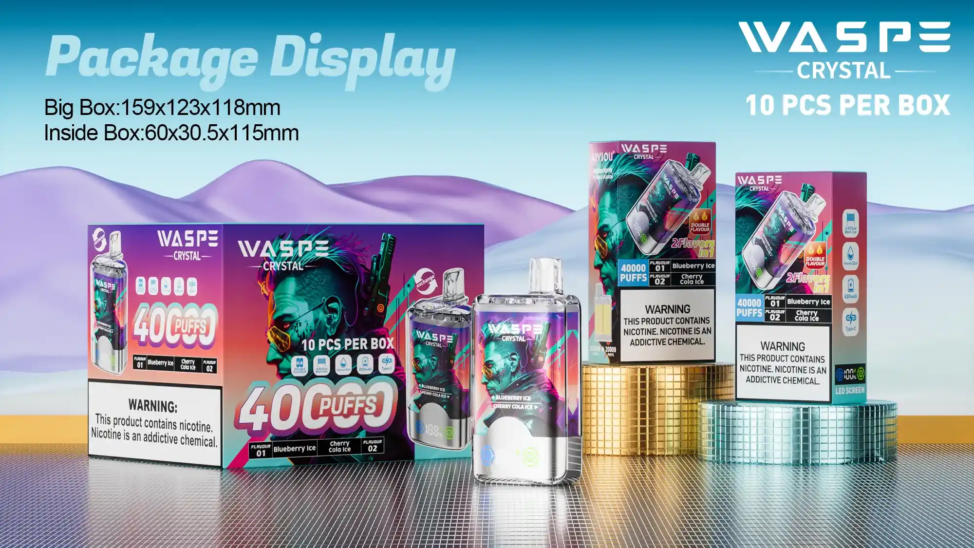 WASPE Crystal Double Flavors 40K (40000) Puffs 32mL E-liquid 0% 2% 5% Nicotine Smart LED Display Type-C Charging Disposable Vape
