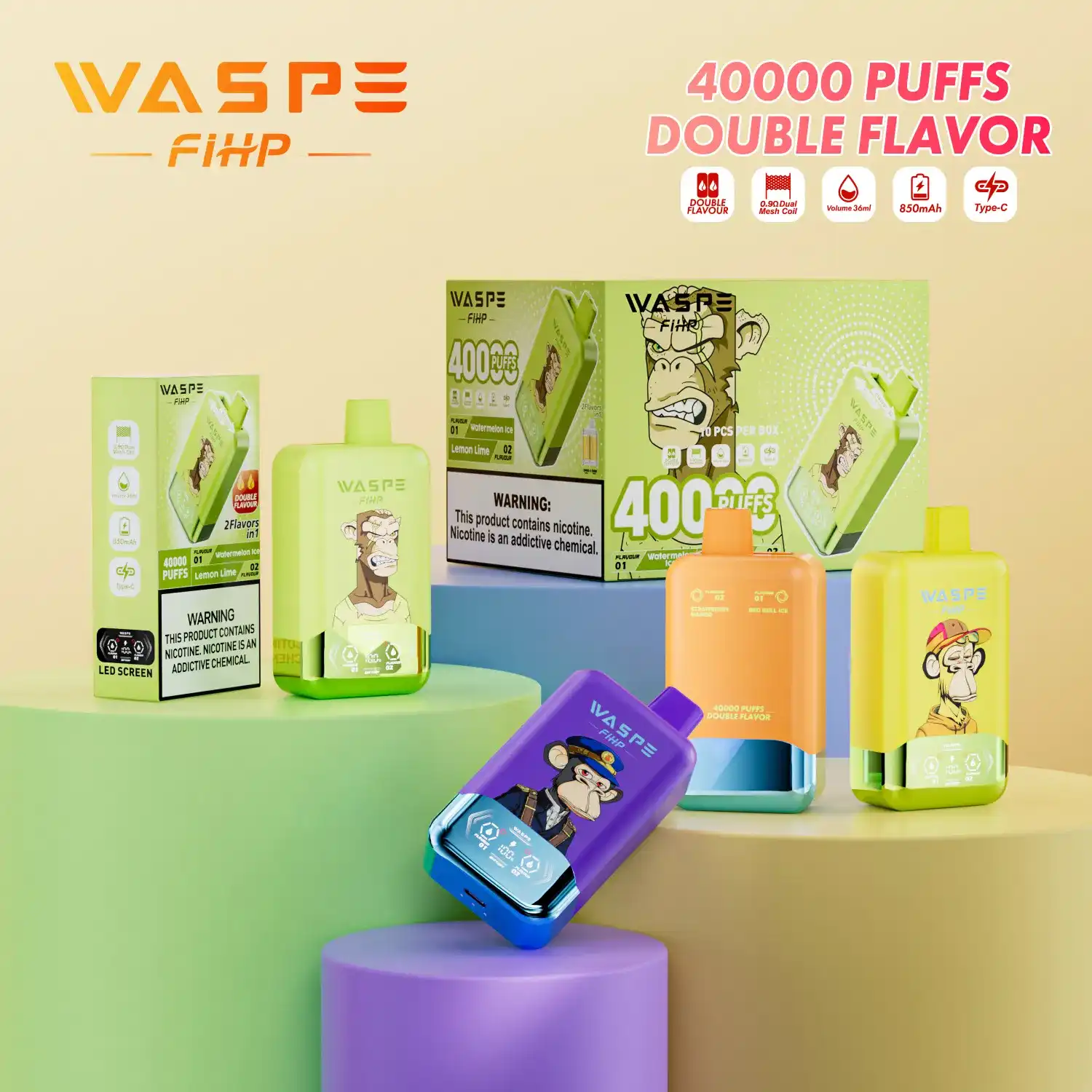 WASPE FIHP Double Flavor 40K (40000) Puffs Smart LED Display 2% 5% Nicotine 36mL E-liquid 850mAh Rechargeable Battery Disposable Vape