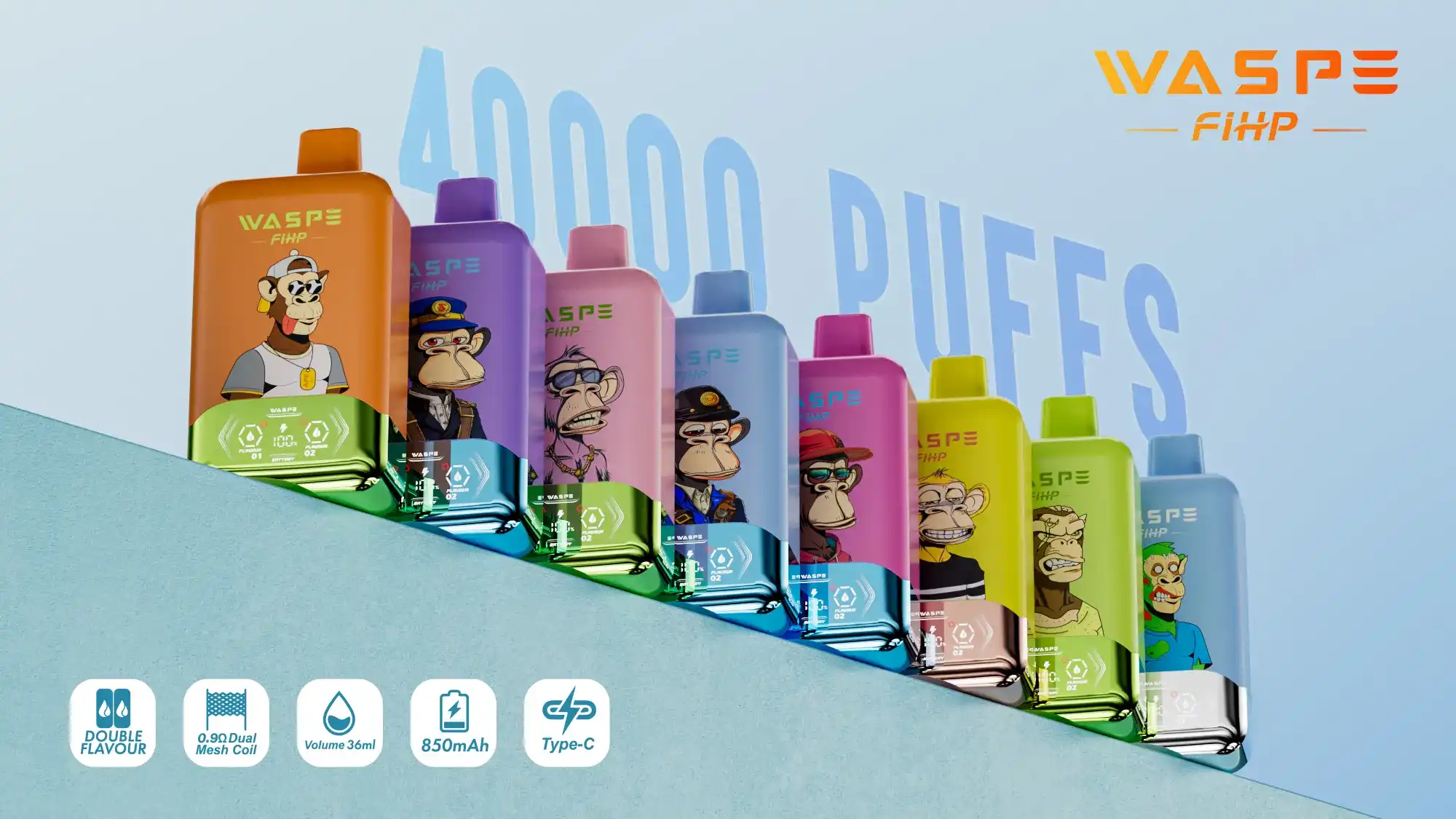 WASPE FIHP Double Flavor 40K (40000) Puffs Smart LED Display 2% 5% Nicotine 36mL E-liquid 850mAh Rechargeable Battery Disposable Vape