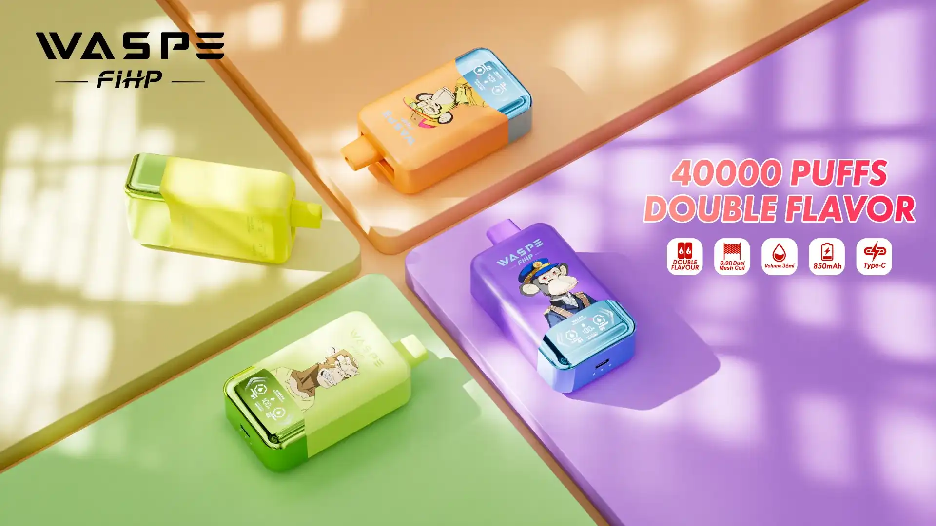 WASPE FIHP Double Flavor 40K (40000) Puffs Smart LED Display 2% 5% Nicotine 36mL E-liquid 850mAh Rechargeable Battery Disposable Vape