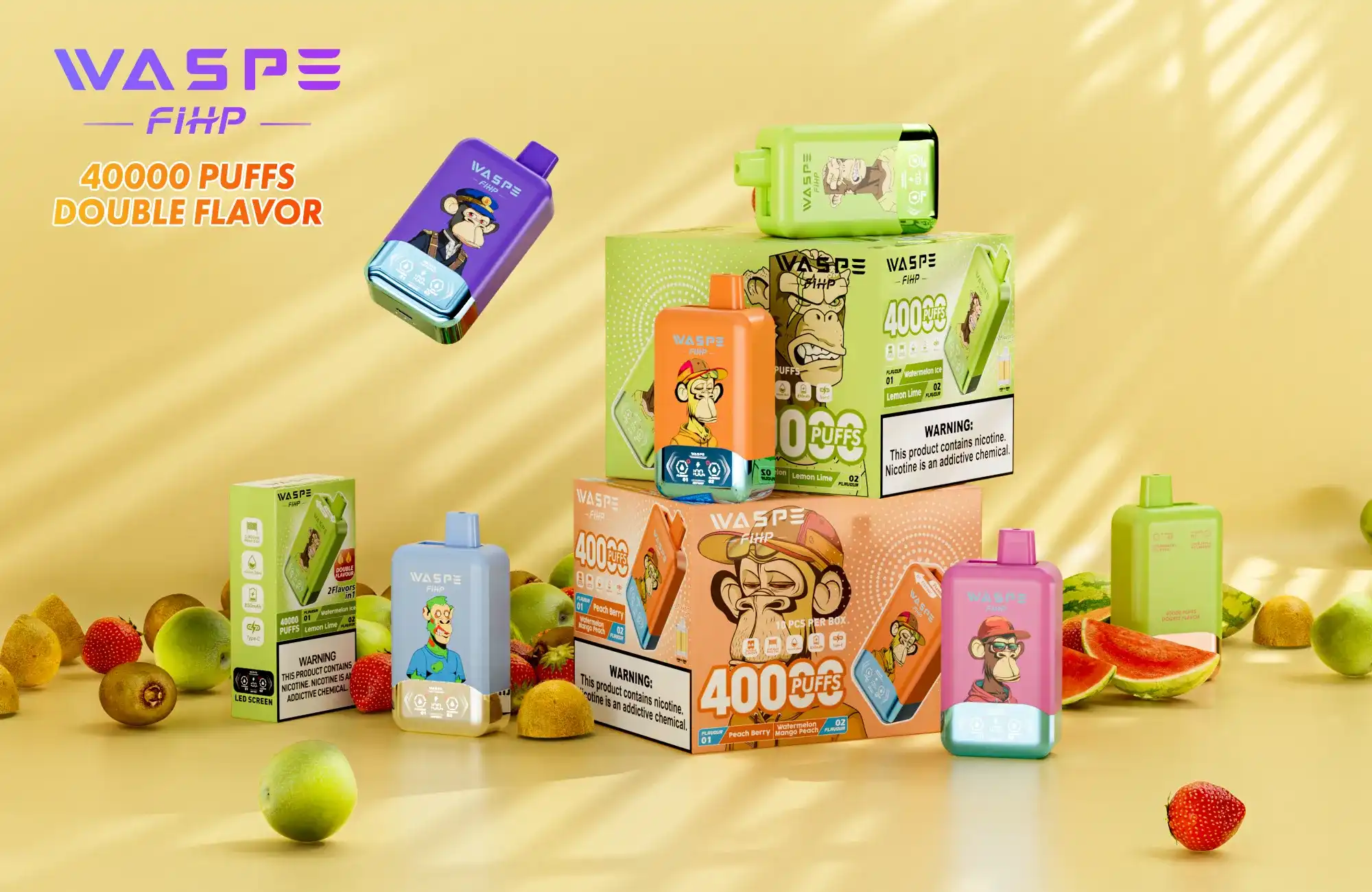 WASPE FIHP Double Flavor 40K (40000) Puffs Smart LED Display 2% 5% Nicotine 36mL E-liquid 850mAh Rechargeable Battery Disposable Vape