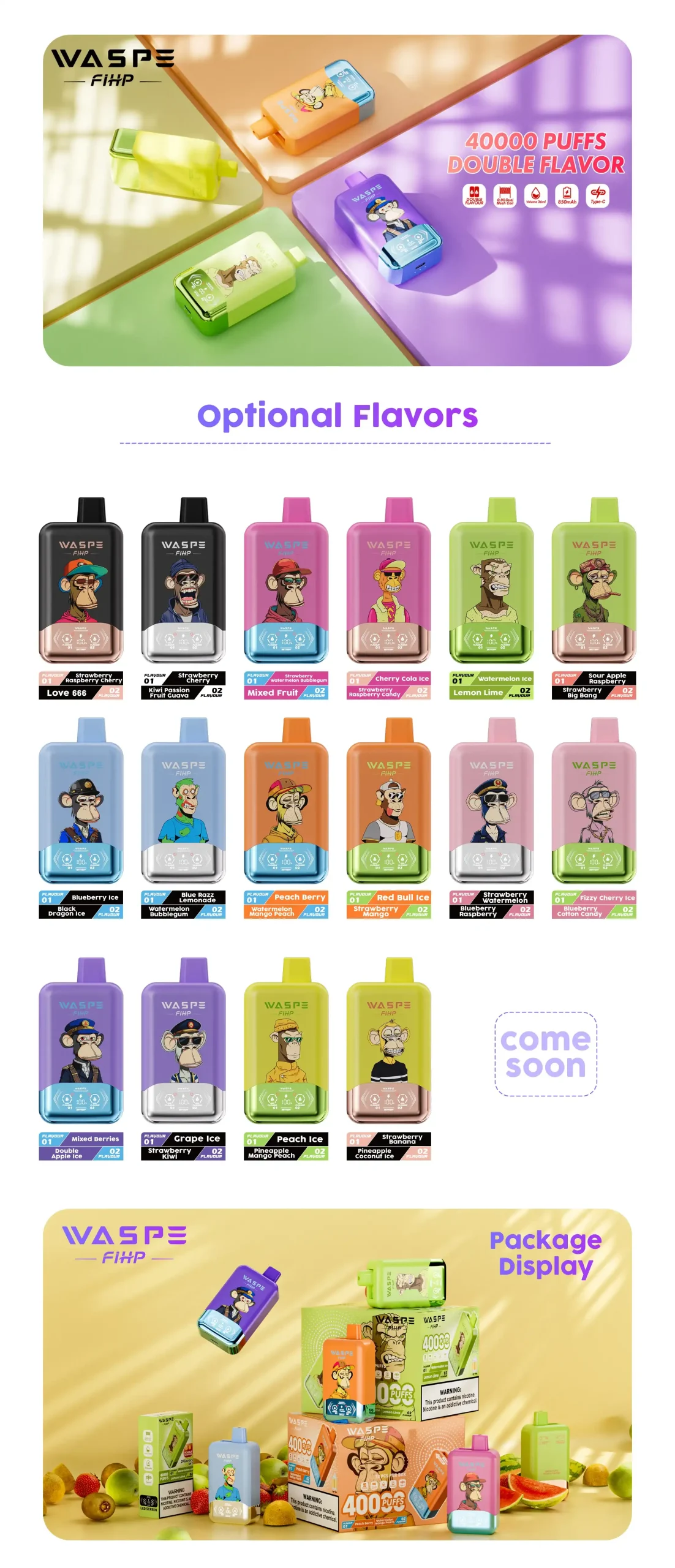 WASPE FIHP Double Flavor 40K (40000) Puffs Smart LED Display 2% 5% Nicotine 36mL E-liquid 850mAh Rechargeable Battery Disposable Vape