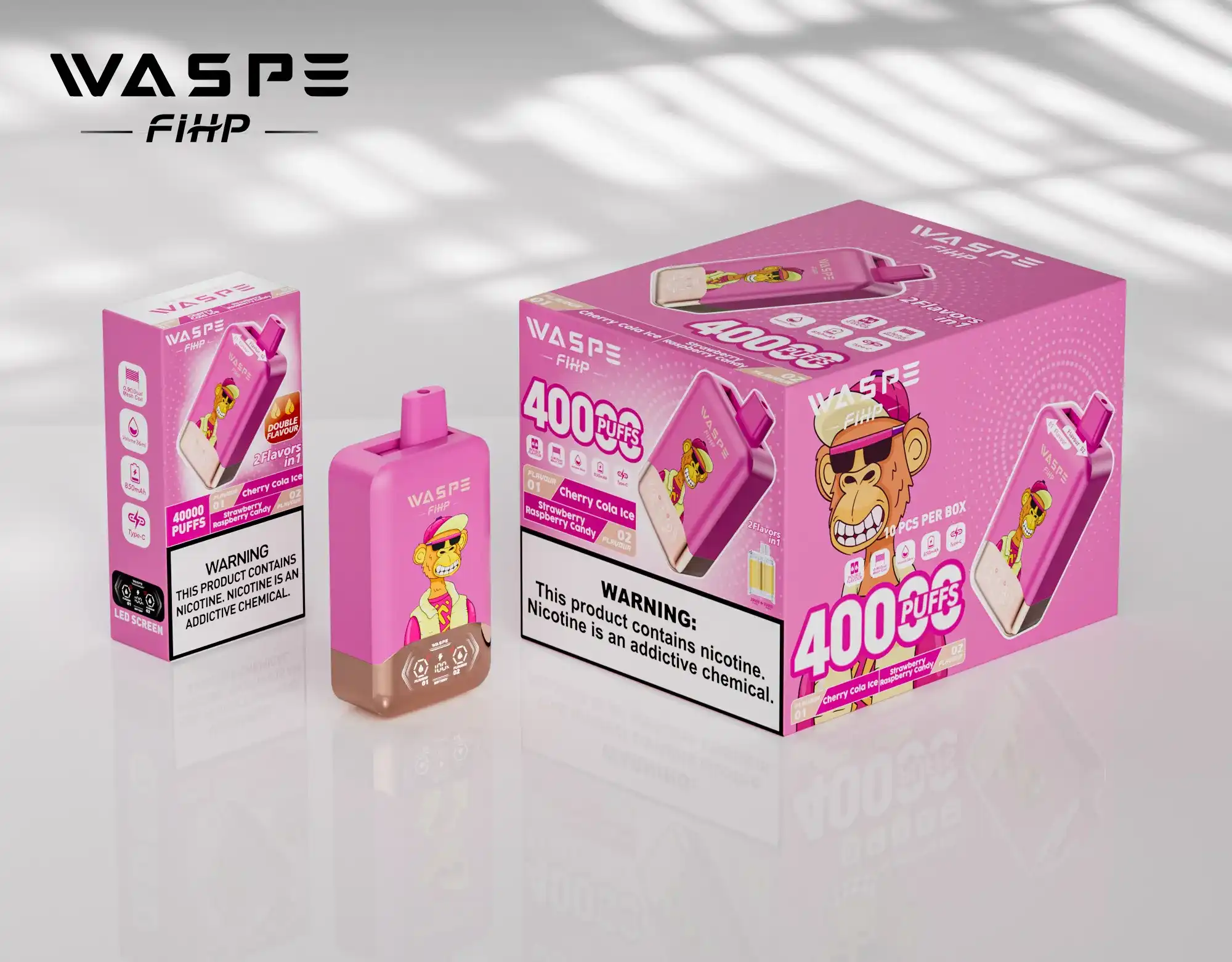 WASPE FIHP Double Flavor 40K (40000) Puffs Smart LED Display 2% 5% Nicotine 36mL E-liquid 850mAh Rechargeable Battery Disposable Vape