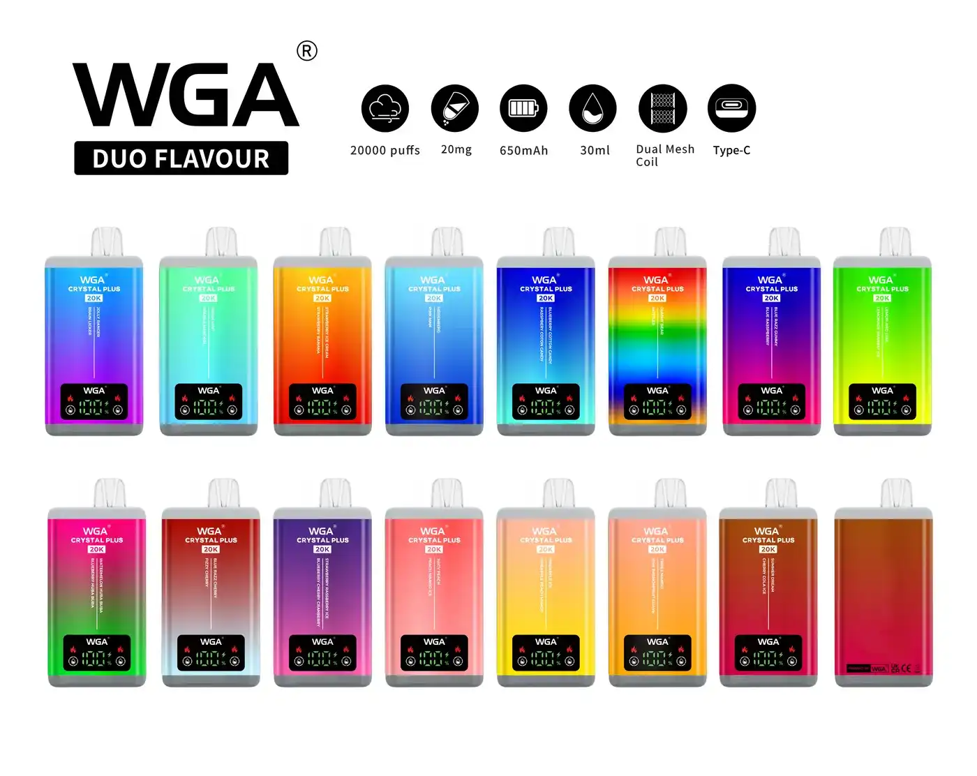 WGA Crystal Plus 20k (20000) Puffs Switchable Taste Function Dual Flavors 2% 5% Nicotine Adjustable Airflow Disposable Vape