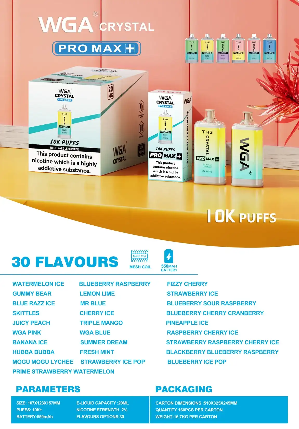 WGA Crystal Pro Max 10K (10000) Puffs 20ml E-liquid 2% 5% Nicotine Type-C Charging 550mAh Battery Disposable Vape