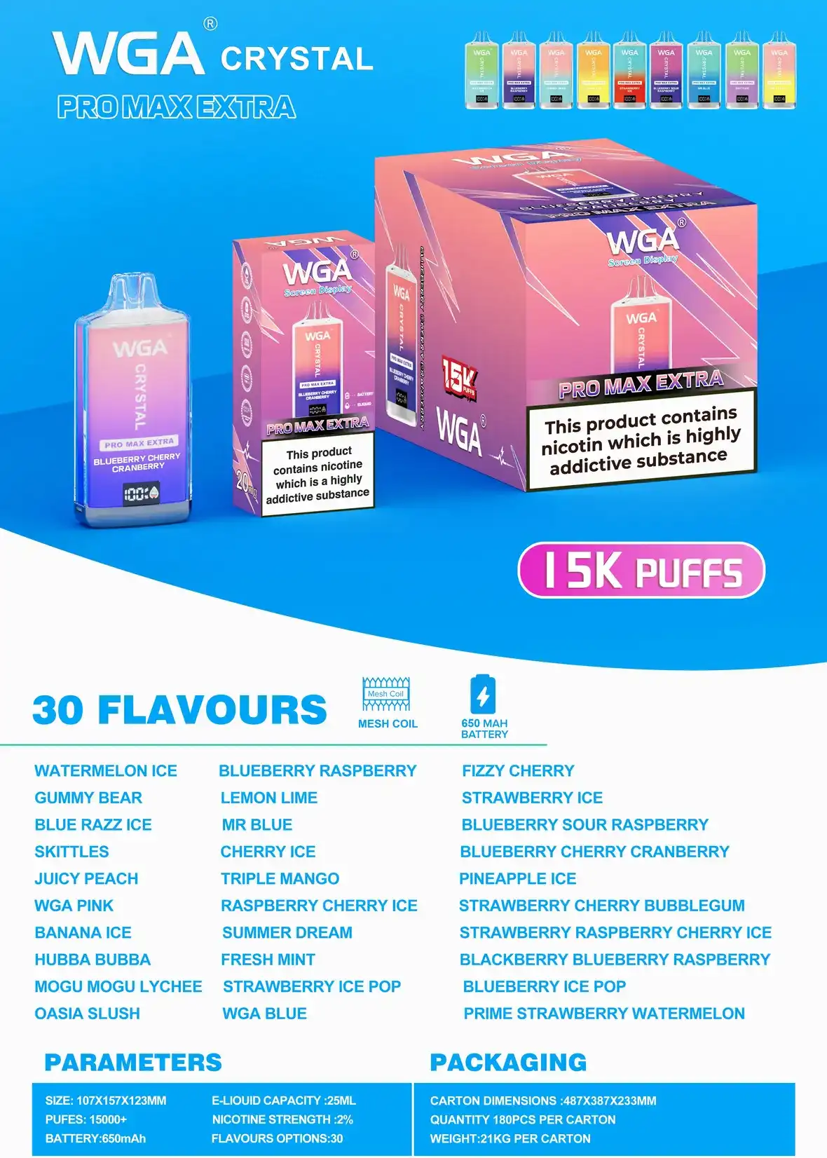 WGA Crystal Pro Max Extra 15K (15000) Puffs Adjustable Airflow 650mAh Battery Type-C Charging 20ml Capacity 2% 5% Nicotine Disposable Vape