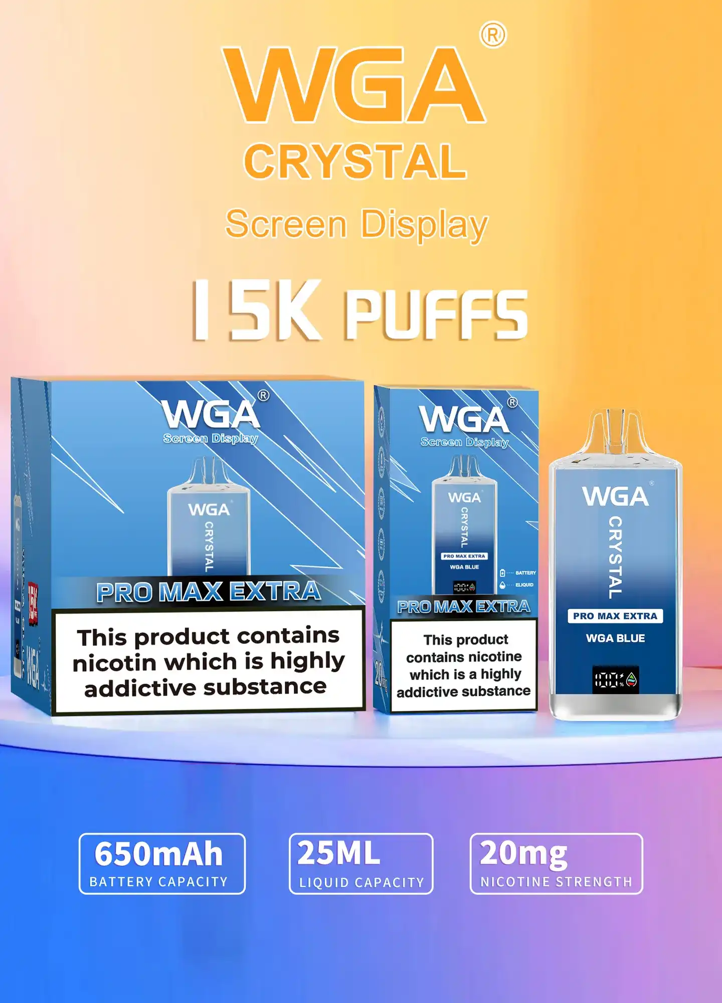 WGA Crystal Pro Max Extra 15K (15000) Puffs Adjustable Airflow 650mAh Battery Type-C Charging 20ml Capacity 2% 5% Nicotine Disposable Vape