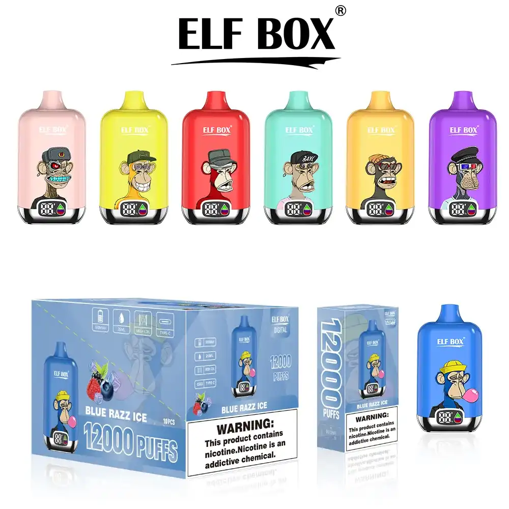 24h-vape.com ELF Box Digital 12K(12000) puffs LED Display 25ml E-liquid 0% 2% 3% 5% Nicotine Type-C Rechargeable Disposable Vape