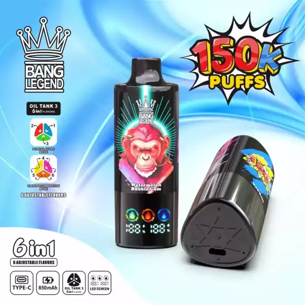 Bang Legend 150K 150000 Puffs 6 in 1 Flavors Newest Original 850MAh Rechargeable Battery 2% 3% 5% Nicotine LED Smart Screen Disposable Vape 4 Bang Legend 150000 150K Puffs 6 in 1 Flavors Newest Original Rechargeable LED Display Disposable Vape