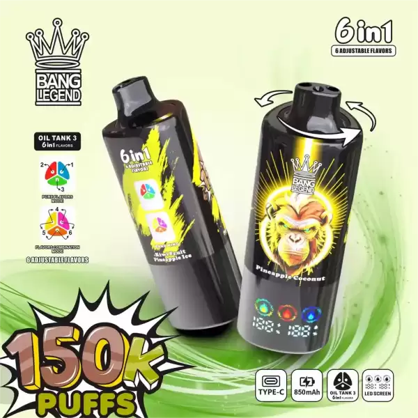 Bang Legend 150K 150000 Puffs 6 in 1 Flavors Newest Original 850MAh Rechargeable Battery 2% 3% 5% Nicotine LED Smart Screen Disposable Vape 11 Bang Legend 150000 150K Puffs 6 in 1 Flavors Newest Original Rechargeable LED Display Disposable Vape