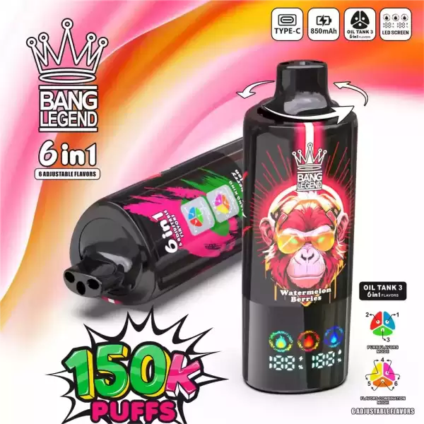Bang Legend 150K 150000 Puffs 6 in 1 Flavors Newest Original 850MAh Rechargeable Battery 2% 3% 5% Nicotine LED Smart Screen Disposable Vape 9 Bang Legend 150000 150K Puffs 6 in 1 Flavors Newest Original Rechargeable LED Display Disposable Vape
