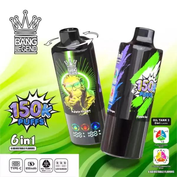 Bang Legend 150K 150000 Puffs 6 in 1 Flavors Newest Original 850MAh Rechargeable Battery 2% 3% 5% Nicotine LED Smart Screen Disposable Vape 7 Bang Legend 150000 150K Puffs 6 in 1 Flavors Newest Original Rechargeable LED Display Disposable Vape