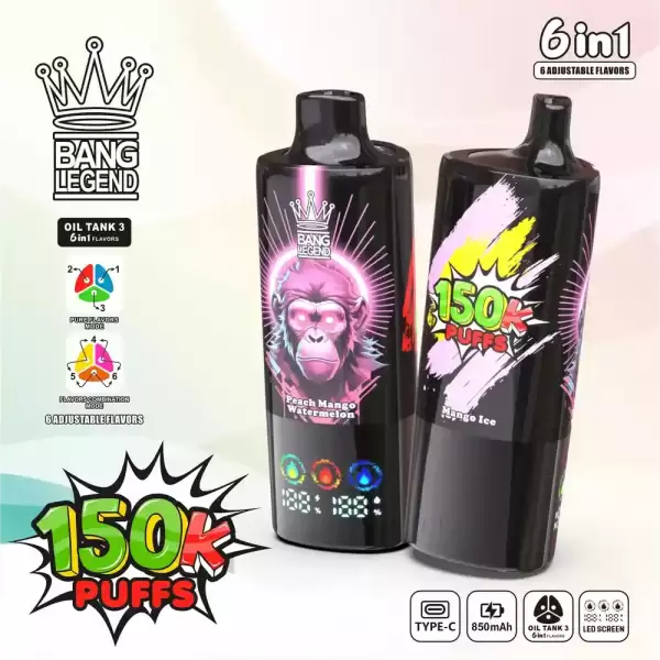 Bang Legend 150K 150000 Puffs 6 in 1 Flavors Newest Original 850MAh Rechargeable Battery 2% 3% 5% Nicotine LED Smart Screen Disposable Vape 6 Bang Legend 150000 150K Puffs 6 in 1 Flavors Newest Original Rechargeable LED Display Disposable Vape