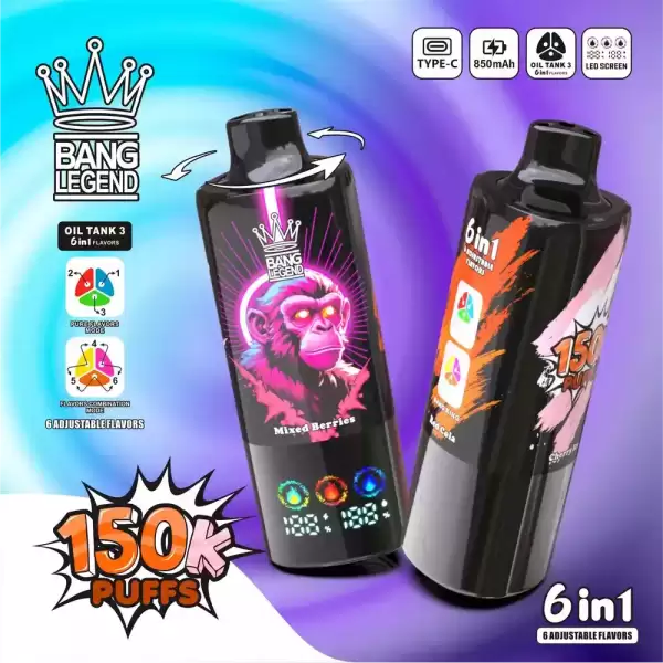 Bang Legend 150K 150000 Puffs 6 in 1 Flavors Newest Original 850MAh Rechargeable Battery 2% 3% 5% Nicotine LED Smart Screen Disposable Vape 5 Bang Legend 150000 150K Puffs 6 in 1 Flavors Newest Original Rechargeable LED Display Disposable Vape