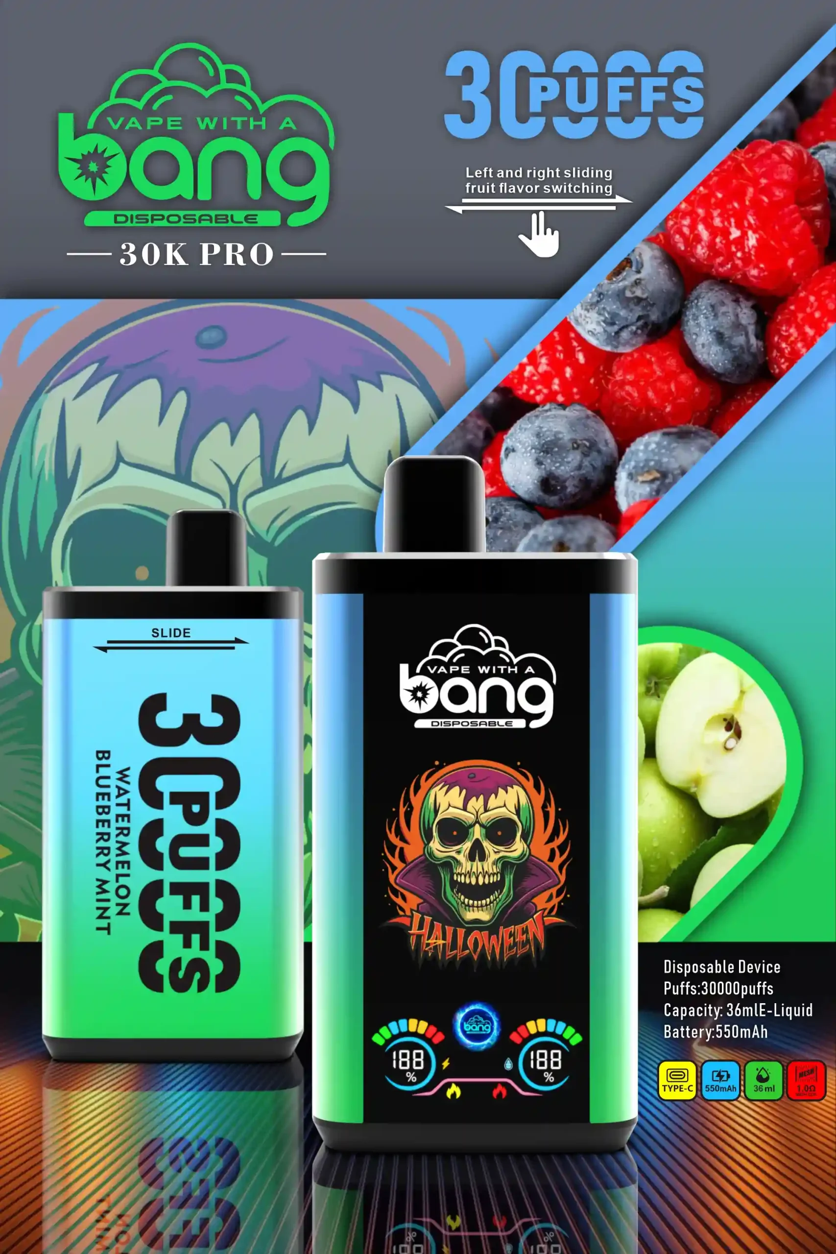 Bang 30K(30000) Puffs PRO Dual Flavor Screen Display 36ml E-liquid 0% 2% 3% 5% Nicotine Disposable Vape