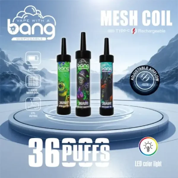 Bang 36K (36000) Puffs DTL LED Color Light 40ml E-liquid Type-C Charging 0% 2% 3% 5% Nicotine Disposable Vape Pen 24h-vape.com