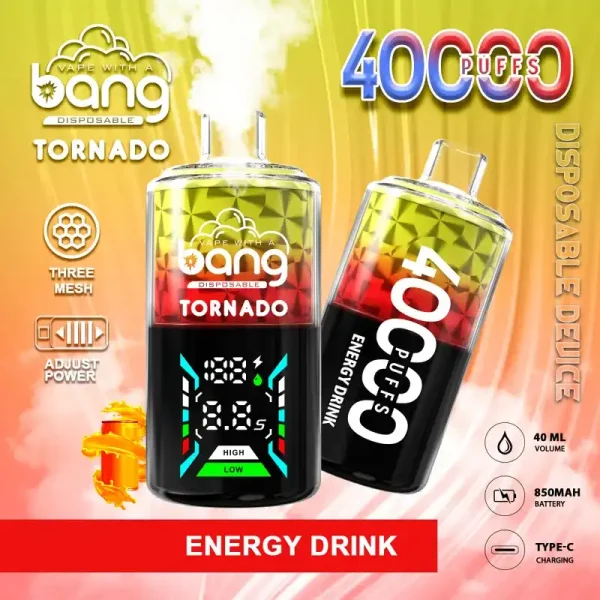 Bang Tornado 40K(40000) Puffs Large Smoke DTL Smart LED Display 0% 2% 3% 5% Nicotine 40mL E-liquid Disposable Vape