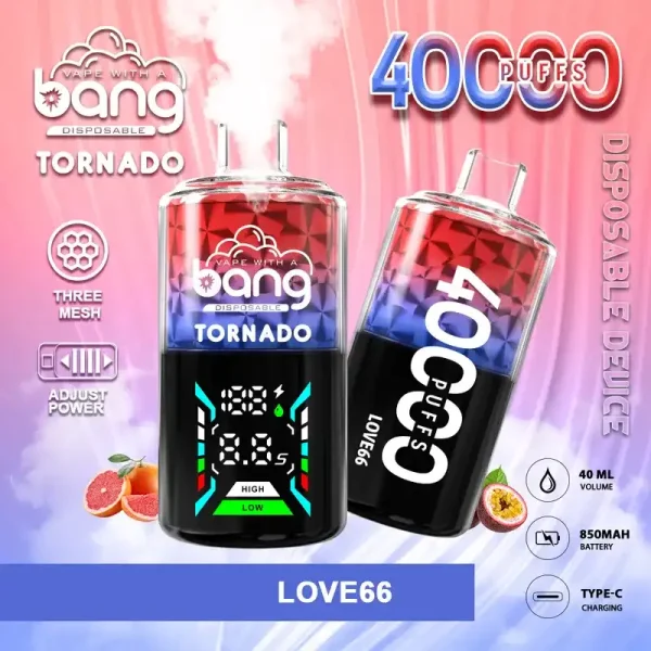Bang Tornado 40K(40000) Puffs Large Smoke DTL Smart LED Display 0% 2% 3% 5% Nicotine 40mL E-liquid Disposable Vape