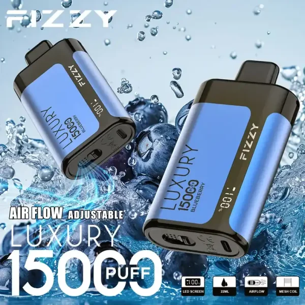 Fizzy Luxury 15K (15000) Puffs 22ML E-liquid Mesh Coil LCD Screen Adjustable Air Flow 15flavors 650mAh Rechargeable Battery 2% 5% Nicotine Disposable Vape