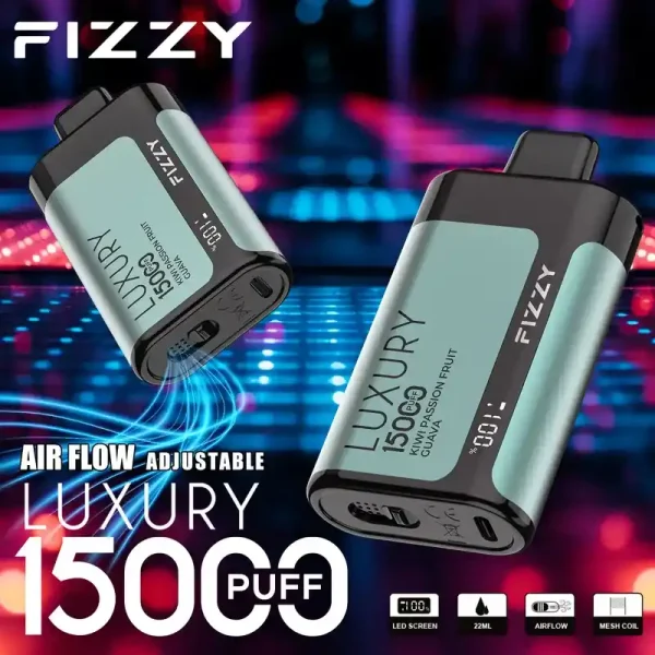 Fizzy Luxury 15K (15000) Puffs 22ML E-liquid Mesh Coil LCD Screen Adjustable Air Flow 15flavors 650mAh Rechargeable Battery 2% 5% Nicotine Disposable Vape