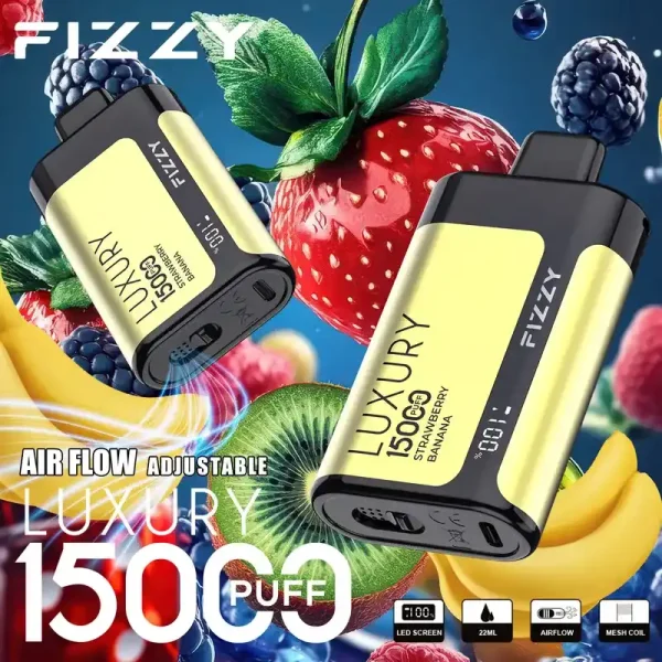 Fizzy Luxury 15K (15000) Puffs 22ML E-liquid Mesh Coil LCD Screen Adjustable Air Flow 15flavors 650mAh Rechargeable Battery 2% 5% Nicotine Disposable Vape 24h-vape.com