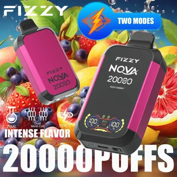 Fizzy Nova 20K (20000) Puffs Dual Mesh Coil 28ML E-liquid LCD Screen 15flavors 850mAh Rechargeable Battery 2% 5% Nicotine Disposable Vape