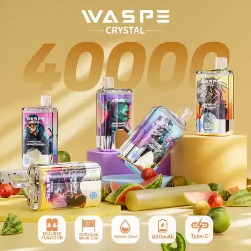 WASPE Crystal Double Flavors 40K (40000) Puffs 32mL E-liquid 0% 2% 5% Nicotine Smart LED Display Type-C Charging Disposable Vape