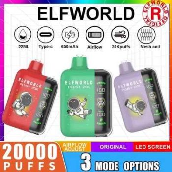 Elfworld PLUS 20000 Puffs nicotine strengths: 0%, 2%, 3%, and 5% LCD Screen Display 22ml e-liquid capacity Display Disposable Vape