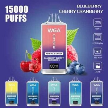 WGA Crystal Pro Max Extra 15K (15000) Puffs Adjustable Airflow 650mAh Battery Type-C Charging 20ml Capacity 2/5% Nicotine Disposable Vape