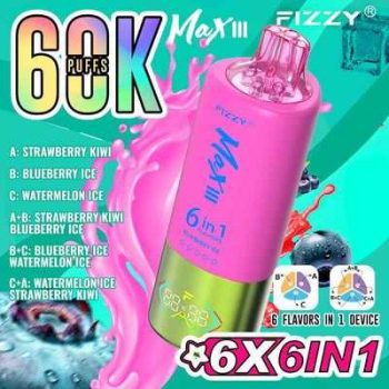 Fizzy Max III 6in1 60K 60000 Puffs Rechargeable Disposable Vape – Strawberry Kiwi & Blueberry Ice & Watermelon Ice – 10pcs
