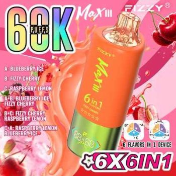Fizzy Max III 6in1 60K 60000 Puffs Rechargeable Disposable Vape – Blueberry Ice & Fizzy Cherry & Raspberry Lemon – 10pcs