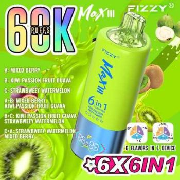 Fizzy Max III 6in1 60K 60000 Puffs Rechargeable Disposable Vape – Mixed Berry & Kiwi Passion Fruit Guava & Strawberry Watermelon – 10pcs