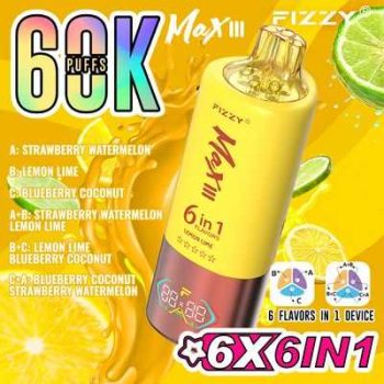 Fizzy Max III 6in1 60K 60000 Puffs Rechargeable Disposable Vape – Strawberry Watermelon & Lemon Lime & Blueberry Coconut – 10pcs